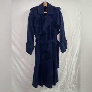 Vintage Women’s Pure Virgin Wool Trench Coat – Navy Blue – Size Large